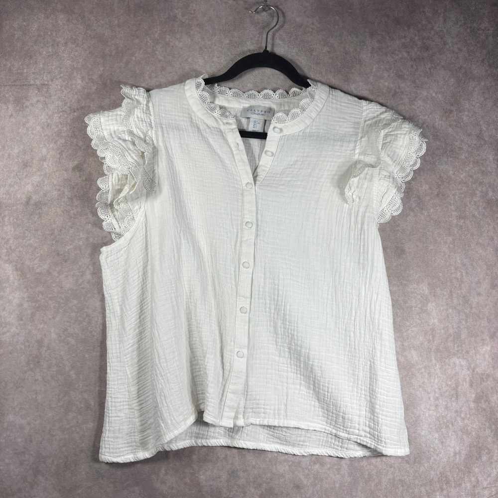 Calypso St. Barth Blouse Womens Large White Lace Trim Flutter Sleeve Button Up